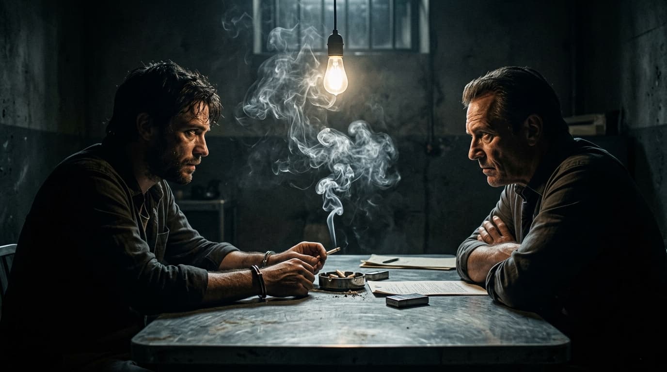 Crime investigation interrogation dramatic lighting